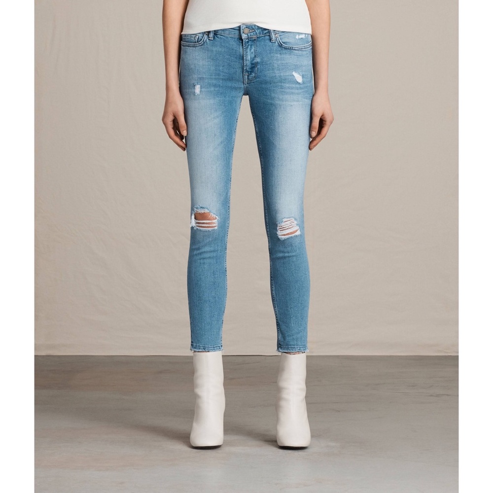 All Saints Mast Ankle Destroy Low Rise Skinny Jeans Distressed Ripped Knee